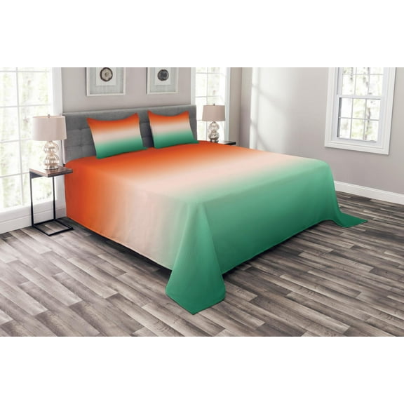 Ambesonne Ombre Quilted Bedspread Set 3 Pcs, Quirky Simple Color Change, Queen Size, Burnt Orange Sea Green