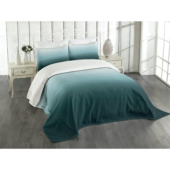 Ambesonne Ombre Quilted Bedspread Set 3 Pcs, Teal Shades Design, King Size, Teal Pale Blue and White
