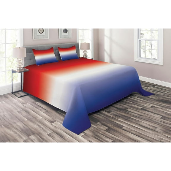 Ambesonne Ombre Quilted Coverlet 3 Pcs, Patriotic Inspired Colors, Queen Size, Indigo Vermilion
