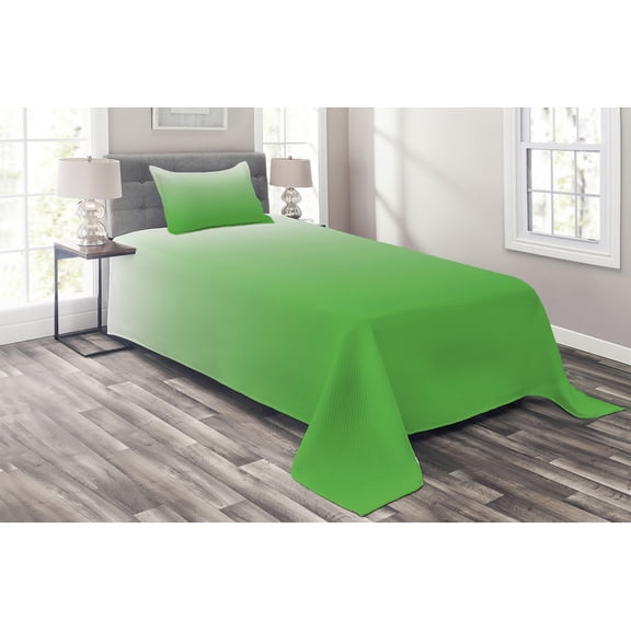 Ambesonne Ombre Yellow Quilted Coverlet 2 Pcs, Vivid Grass, Twin Size, Mint White