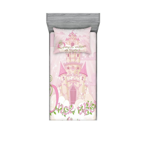 Ambesonne Once upon a Time Fitted Sheet & Pillow Sham Set, Cartoon Castle, Twin, Rose Cream Green