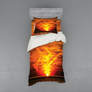 Ambesonne Orange Bedding Set 3 Pcs, Sunset over Horizon Sea, Twin, Orange
