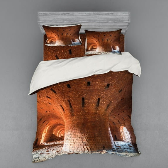 Ambesonne Orange Bedding Set 4 Pcs, Old Brick Factory Wall, Queen, Orange