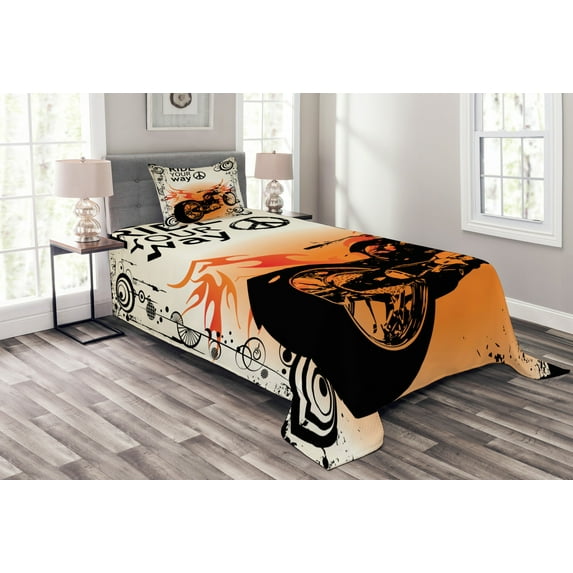 Ambesonne Orange Black Quilted Coverlet 2 Pcs, Freedom Theme Sign, Twin Size, Black Orange Cream