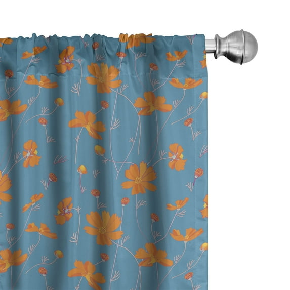 Ambesonne Orange Blue Window Curtains, Thin Peduncle Flowers, Each 28" W x 84" L, Turquoise Dark Orange