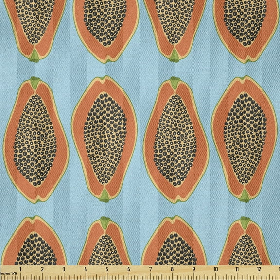Ambesonne Orange Blue Fabric by the Yard Microfiber, Halved Tropic Papayas, 1 Yard, Sky Blue Burnt Sienna
