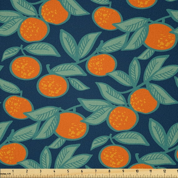 Ambesonne Orange Blue Fabric by the Yard Microfiber, Mandarin Branches, 3 Yards, Dark Teal Burnt Orange