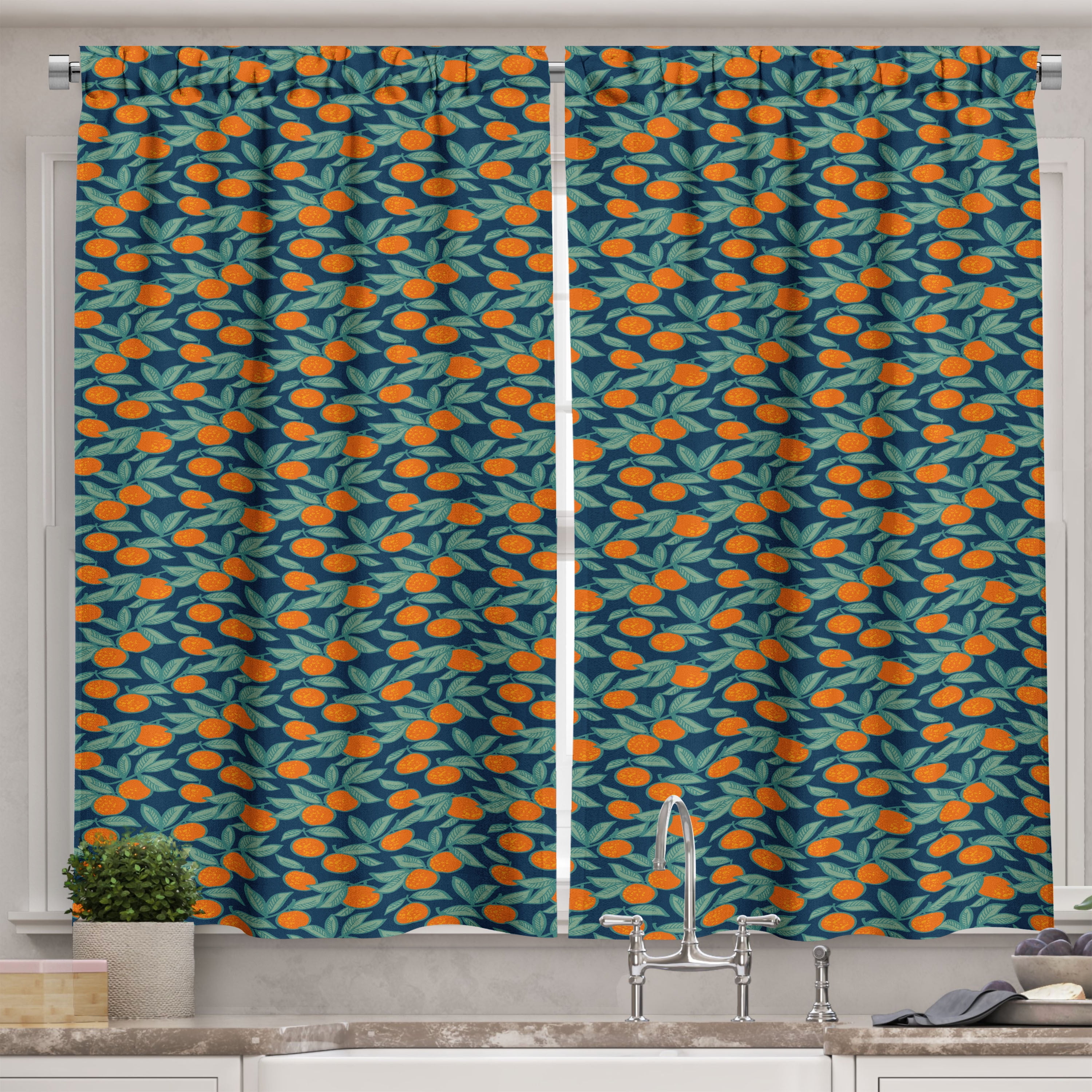 Mandarin Branches Dark Teal and Burnt Orange Kitchen Curtains