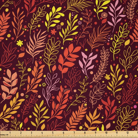 Ambesonne Orange Boho Fabric by the Yard Microfiber, Leaves Flowers Dots Art, 1 Yard, Scarlet Earth Yellow and Rust