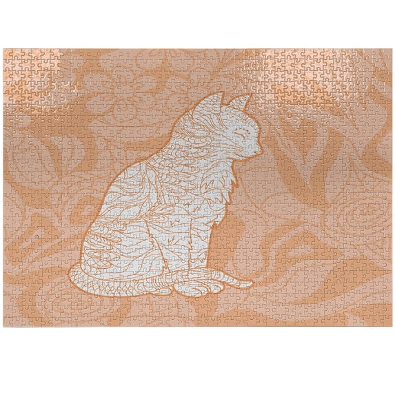 Ambesonne Orange Cat Jigsaw Puzzle Durable Cardboard, Happy Kitten Floral Art, 1000 pcs, Pastel Brown White Blush