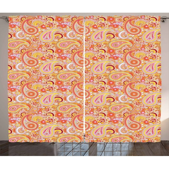 Ambesonne Orange Curtains 2 Panel Set, Paisley, 108" x 63", Multicolor