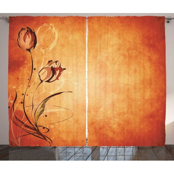 Ambesonne Orange Curtains 2 Panel Set, Vintage Style Rose Bloom, 108" x 84", Orange Mustard Maroon