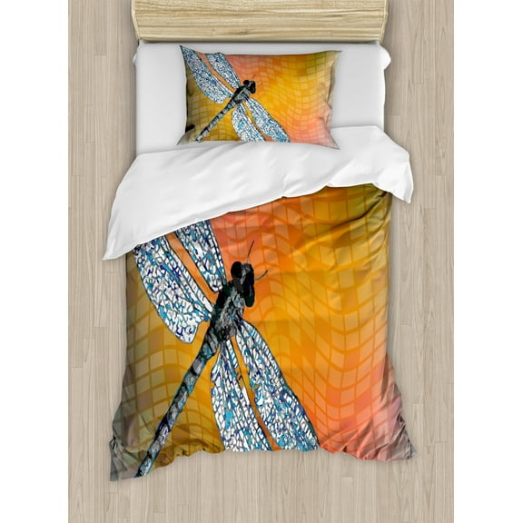 Ambesonne Orange Duvet Cover Set, Drangonfly Digital Theme, Twin, Multicolor