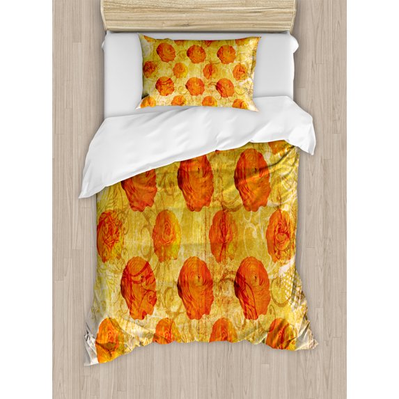 Ambesonne Orange Duvet Cover Set, Grunge Rose Floral Art, Twin, Orange Tan
