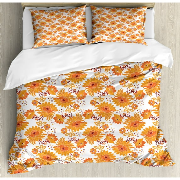 Ambesonne Orange Duvet Cover Set, Old Damask Traditional, 2-Calking, Orange Marigold Maroon