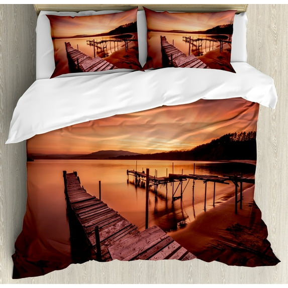Ambesonne Orange Duvet Cover Set, Twilight at Seaside, 2-Calking, Orange