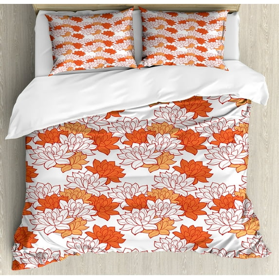 Ambesonne Orange Duvet Cover Sets, Blooming Lotus Leaves, 2-Queen, Orange Ruby Salmon