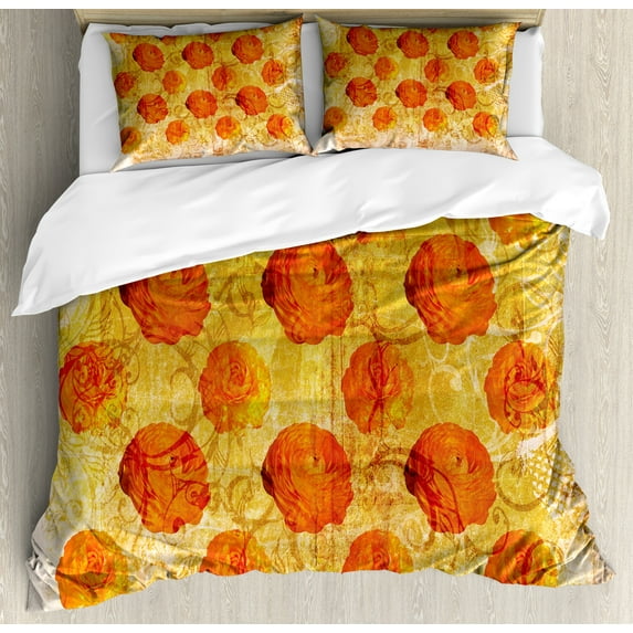 Ambesonne Orange Duvet Cover Sets, Grunge Rose Floral Art, 2-King, Orange Tan