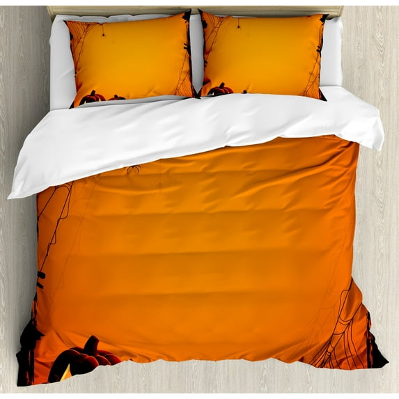 Ambesonne Orange Duvet Cover Sets, Halloween Pumpkin Scary, 2-Queen, Seal Brown Orange