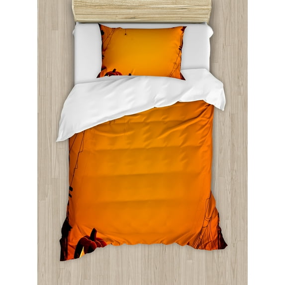 Ambesonne Orange Duvet Cover Sets, Halloween Pumpkin Scary, 2-Twin, Seal Brown Orange