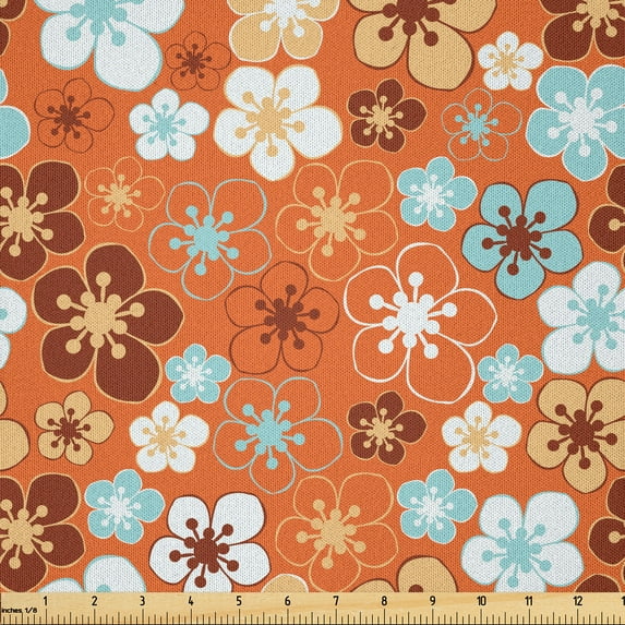 Ambesonne Orange Fabric by the Yard Microfiber, Doodle Summer Flora, 3 Yards, Sky Blue Orange Brown