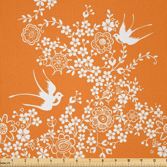 Ambesonne Orange Fabric by the Yard Microfiber, Japanese Tree Birds Art, 1 Yard, Marigold White