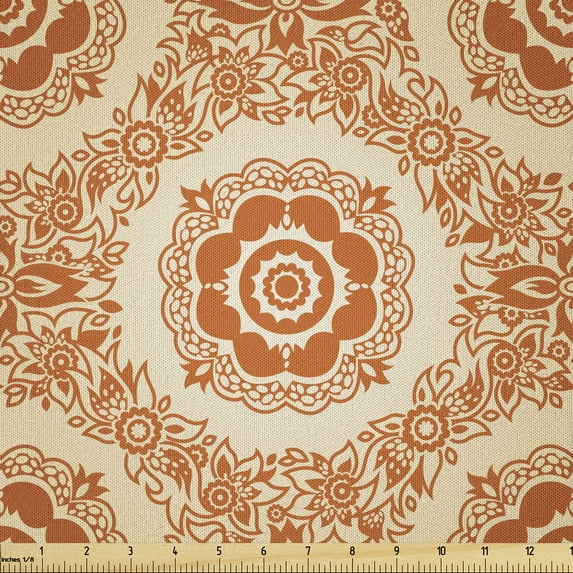 Ambesonne Orange Fabric by the Yard Microfiber, Victorian Baroque Leaves, 1 Yard, Orange and Beige