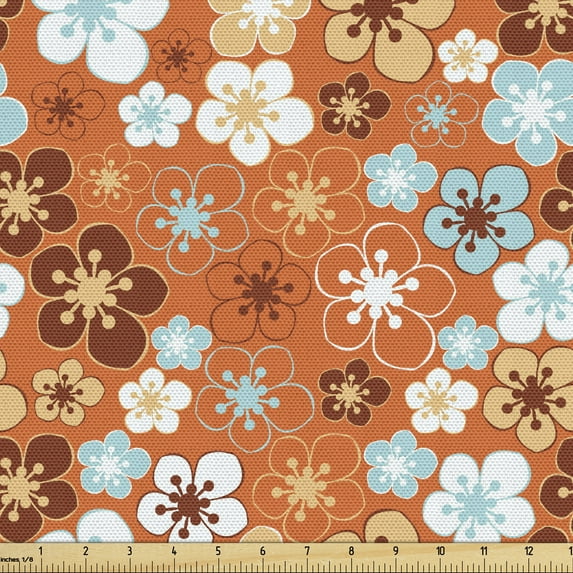 Ambesonne Orange Fabric by the Yard Upholstery, Doodle Summer Flora, 1 Yard, Sky Blue Orange Brown