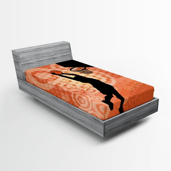 Ambesonne Orange Fitted Sheet 2 Pcs Set, Basketball Dunk Athlete, Twin XL, Pale Orange Black
