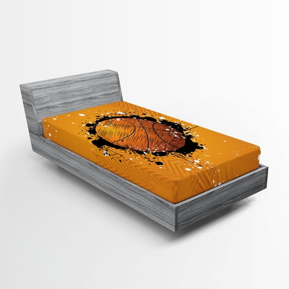 Ambesonne Orange Fitted Sheet 2 Pcs Set, Basketball Splash Style, Twin, Orange Black