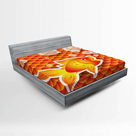Ambesonne Orange Fitted Sheet, Cartoon Goldfish Bubble, Queen Size, Burnt Orange