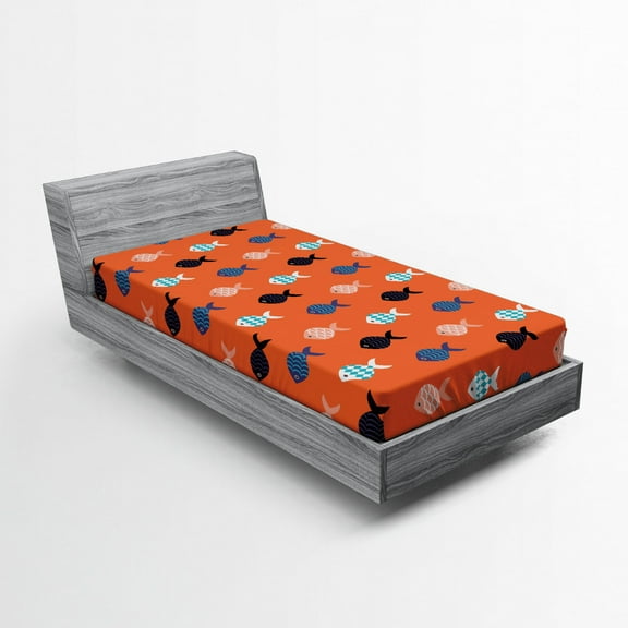 Ambesonne Orange Fitted Sheet, Colorful Fish Shoal, Twin Size, Persian Blue Salmon Teal