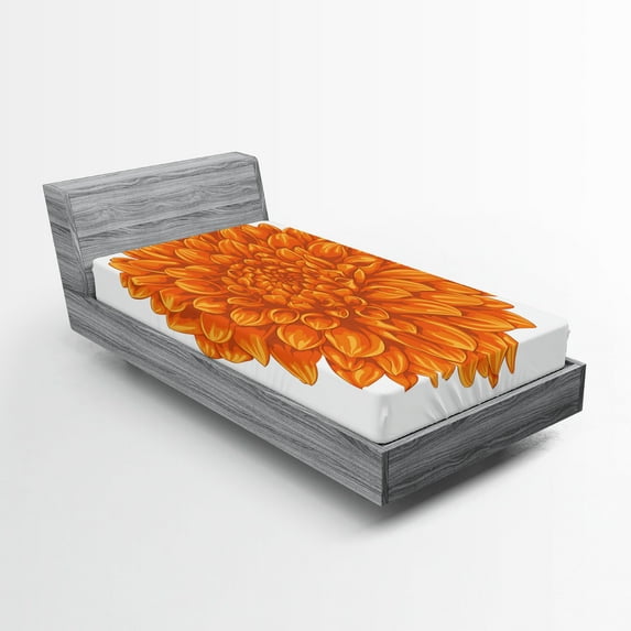 Ambesonne Orange Fitted Sheet, Dahlia Flower Floral, Twin XL Size, Orange