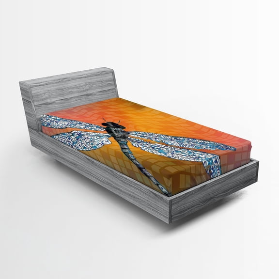 Ambesonne Orange Fitted Sheet, Drangonfly Digital Theme, Twin XL Size, Multicolor