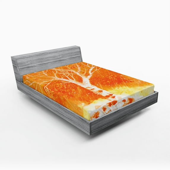 Ambesonne Orange Fitted Sheet, Leafless Tree Autumn, Queen Size, Orange