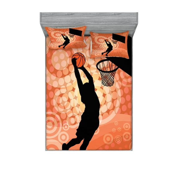 Ambesonne Orange Fitted Sheet & Pillow Sham Set, Basketball Dunk Athlete, Full, Pale Orange Black