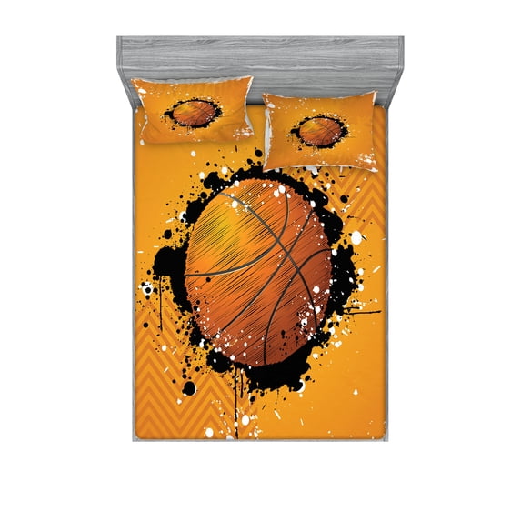 Ambesonne Orange Fitted Sheet & Pillow Sham Set, Basketball Splash Style, Full, Orange Black