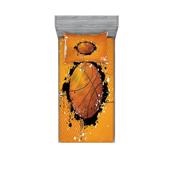 Ambesonne Orange Fitted Sheet & Pillow Sham Set, Basketball Splash Style, Twin, Orange Black