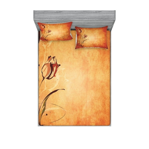 Ambesonne Orange Fitted Sheet & Pillow Sham Set, Vintage Style Rose Bloom, King, Orange Mustard Maroon