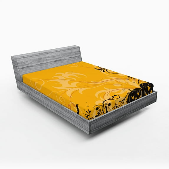 Ambesonne Orange Fitted Sheet, Pumpkins Bats Halloween, Queen Size, Orange and Black