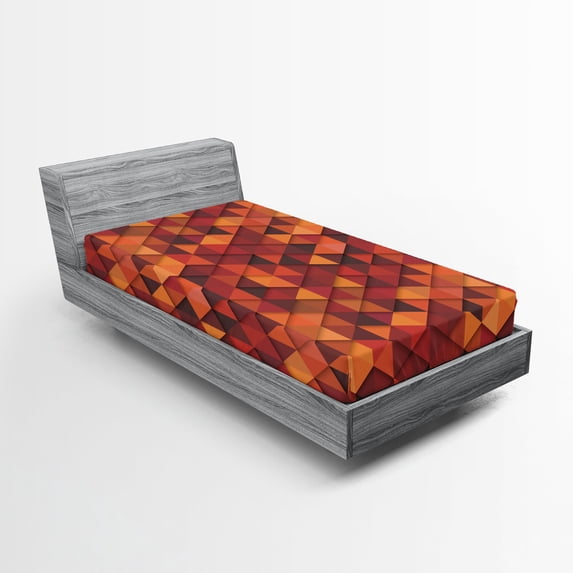 Ambesonne Orange Fitted Sheet, Retro Pattern Triangle, Twin Size, Orange and Brown