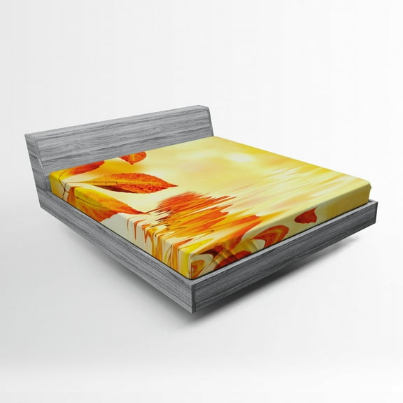 Ambesonne Orange Fitted Sheet, Sun View Leaves, Full Size, Earth Yellow Orange