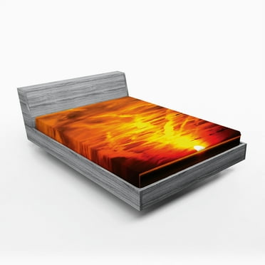 Ambesonne Orange Fitted Sheet, Sunset over Horizon Sea, Queen Size, Orange