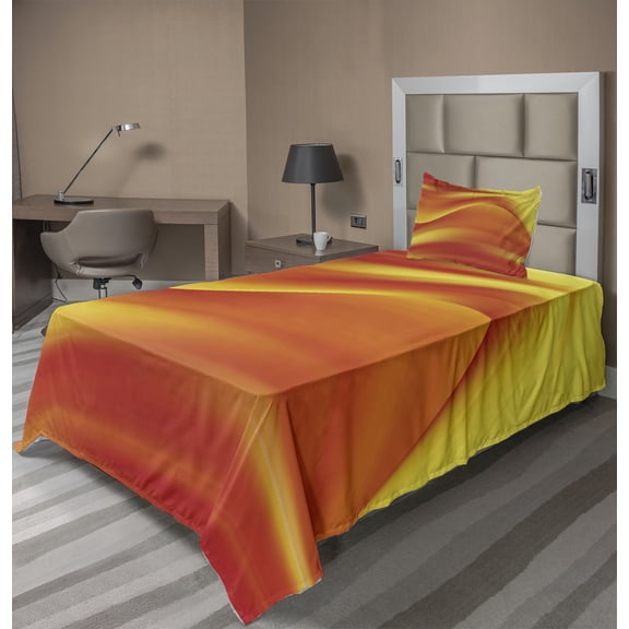 Ambesonne Orange Fitted & Top Sheet Set with Sham, Abstract Digital Waves, Burnt Orange