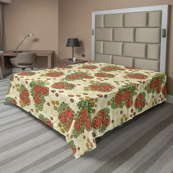 Ambesonne Orange Flat Sheet, Flowers in Autumn Theme, California King, Orange and Olive Green