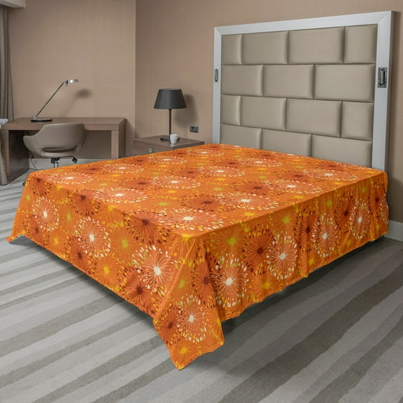 Ambesonne Orange Flat Sheet, Grunge Radial Pattern, California King, Yellow Brown White