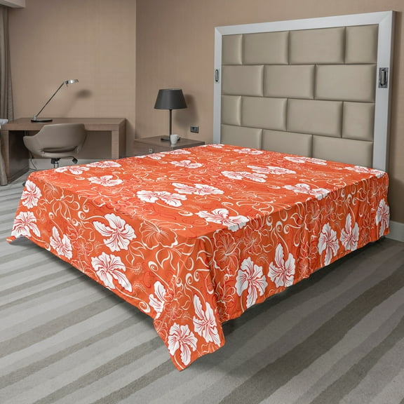Ambesonne Orange Flat Sheet, Hawaiian Summer Hibiscus, California King, Orange White