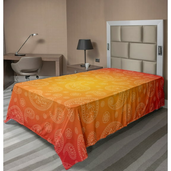 Ambesonne Orange Flat Sheet, Ombre Floral, Twin Size, Orange and White