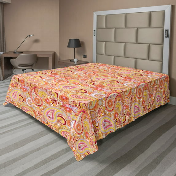 Ambesonne Orange Flat Sheet, Paisley, King Size, Multicolor