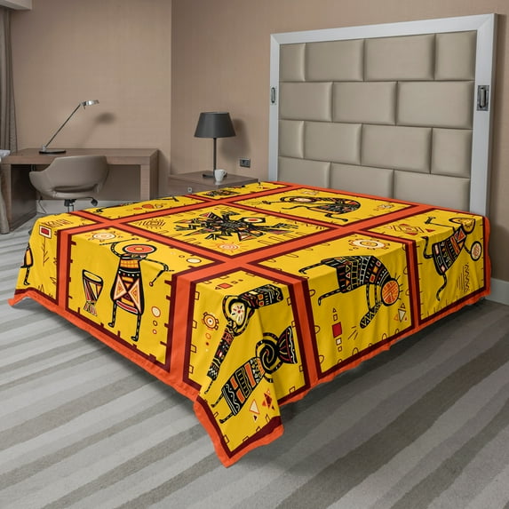 Ambesonne Orange Flat Sheet, Pattern, Full Size, Coral Black Yellow